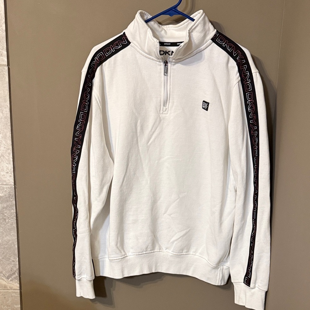 DKNY Men's White Zip-Up Sweatshirt with Black Trim